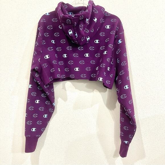 Champion Reverse Weave Purple Blue Logo Cropped Cutoff Hoodie Sweatshirt Large - Picture 5 of 11